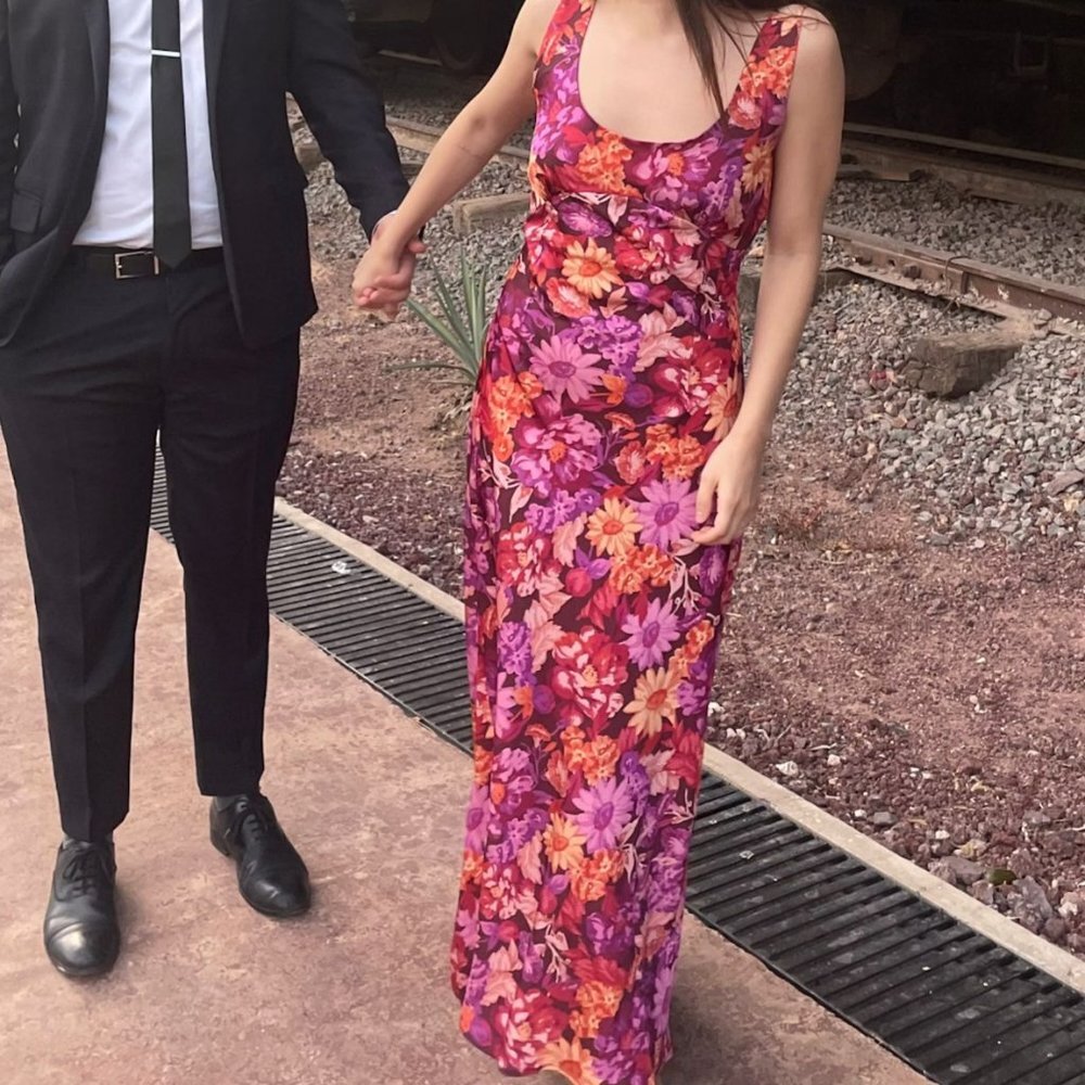 En Saison Floral Midi Dress in Purple and Orange